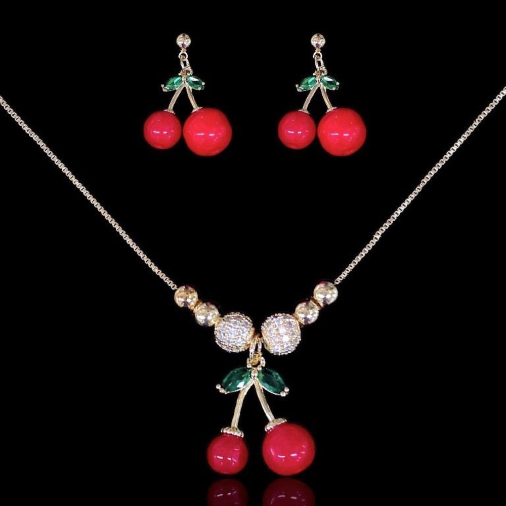 Cherry Pendant Necklace and Earrings Set